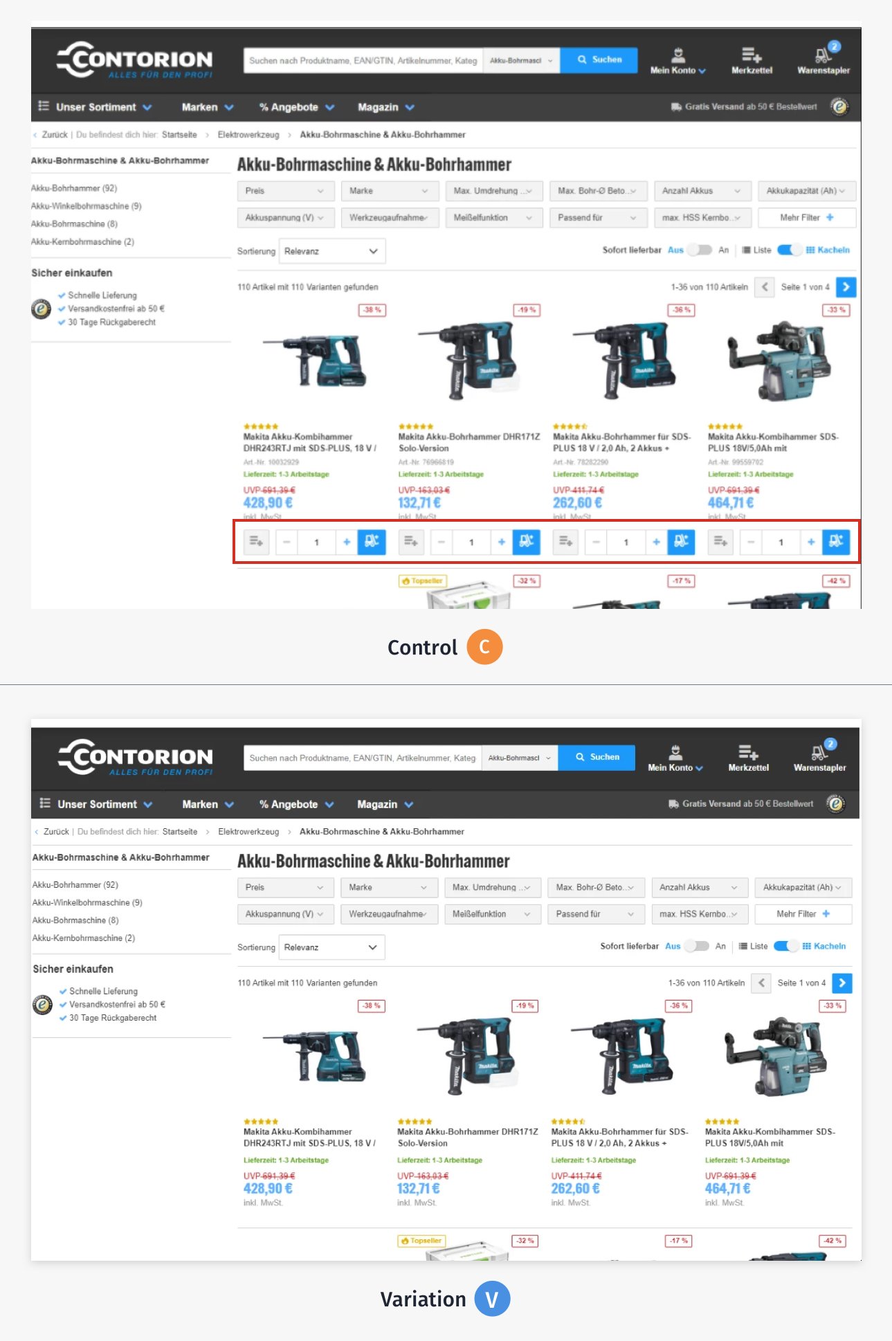 comparison of the control and the variation in Test 4 on Contorion