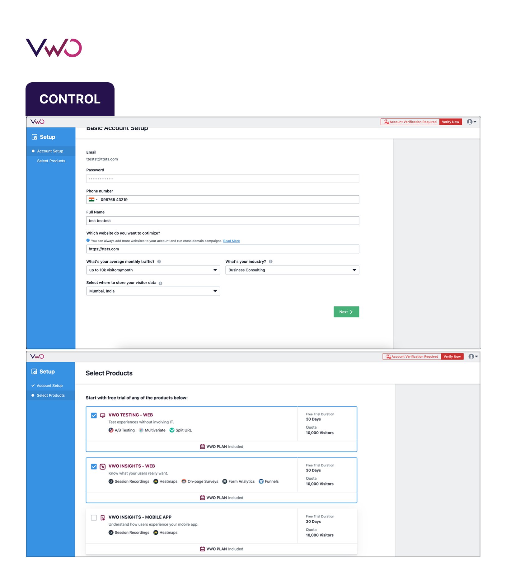 VWO Dashboard with the old free trial sign-up form for various VWO capabilities