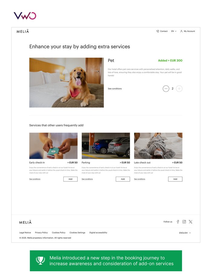 Meliá Hotels booking funnel, extra services step with pet care, early check-in and parking add-ons