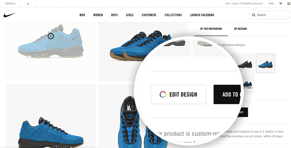 customization option on Nike ecommerce store