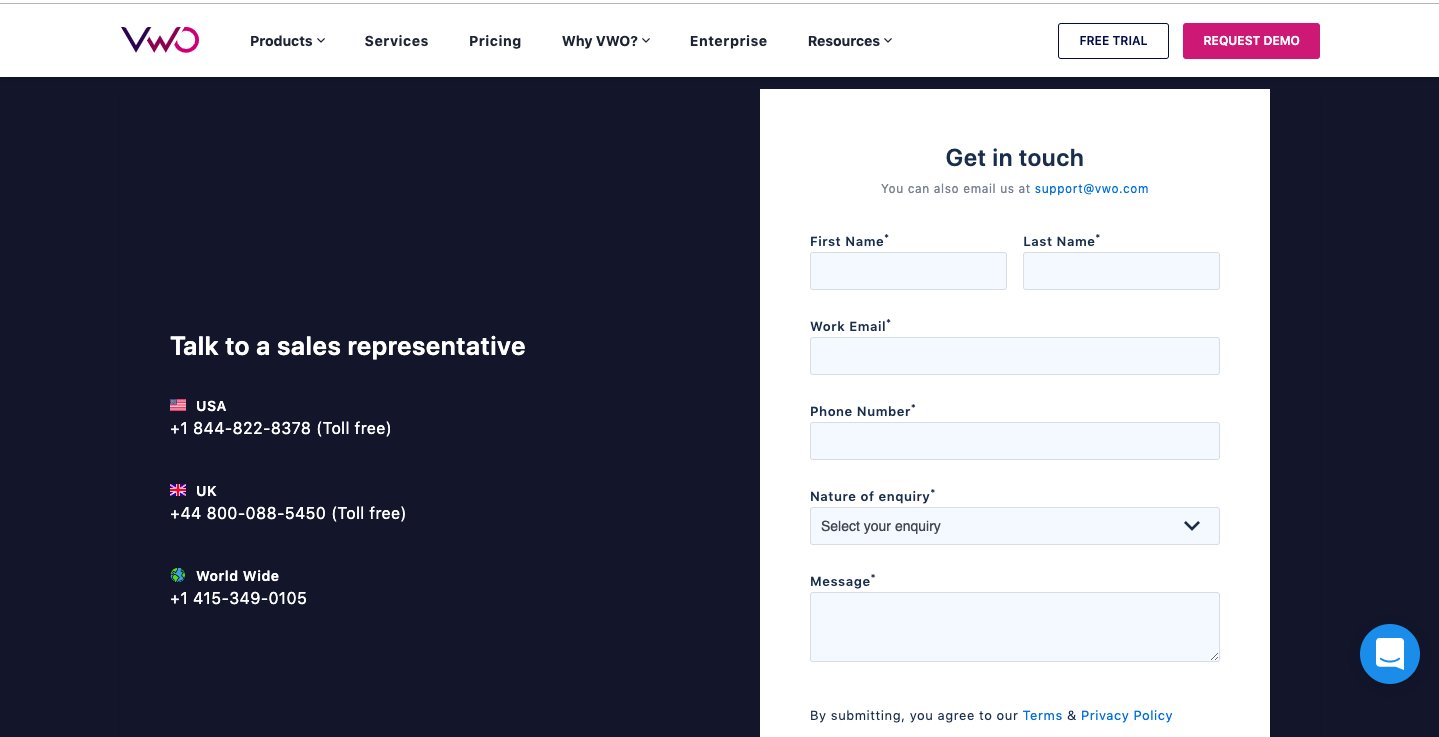 VWO.com's contact us form with clear title