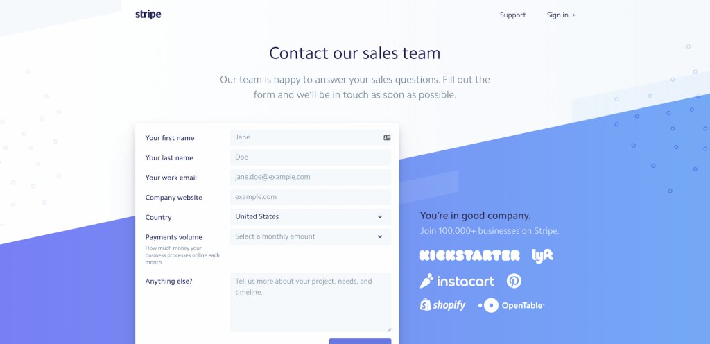 stripe.com contact us web form