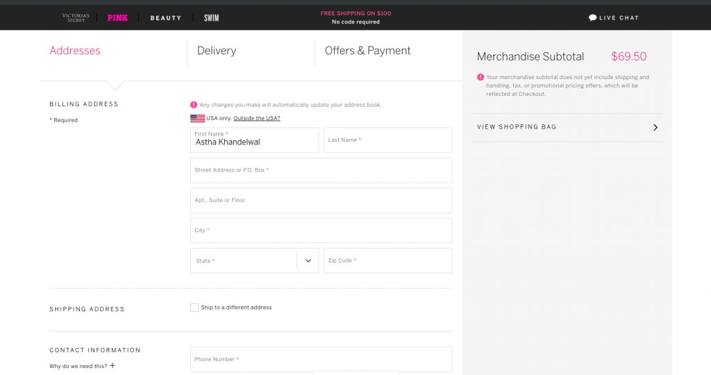 victoriassecret.com's checkout web form