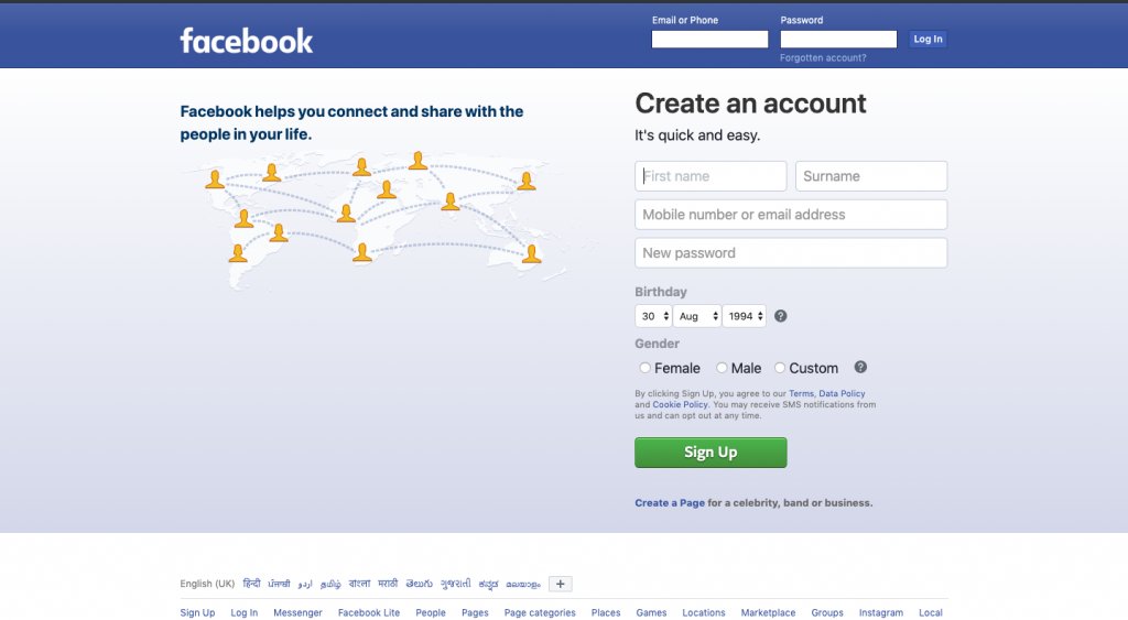 facebook home page sign up form