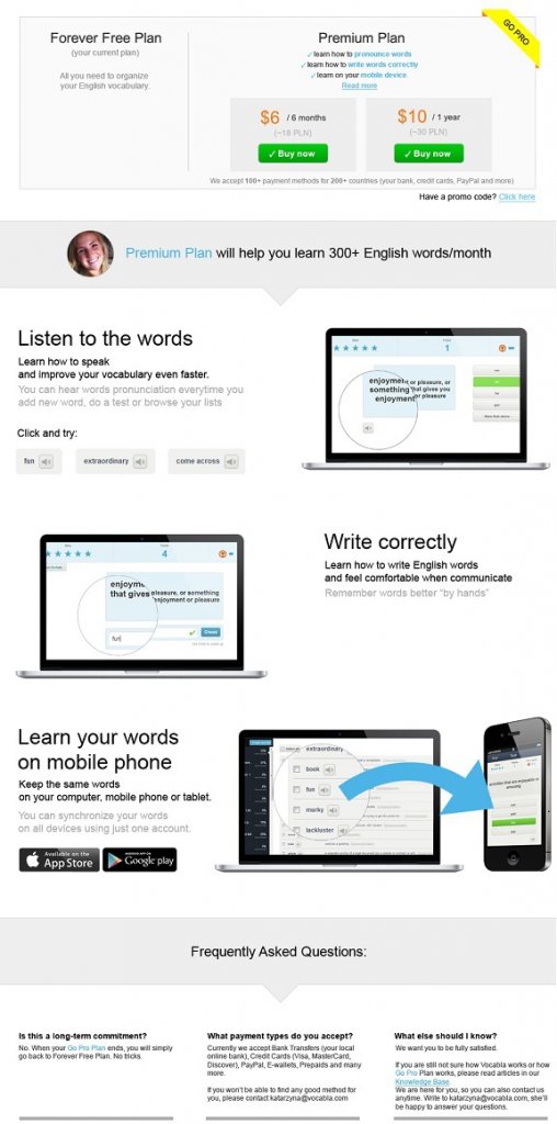 new design of the updated pricing page for Vocabla