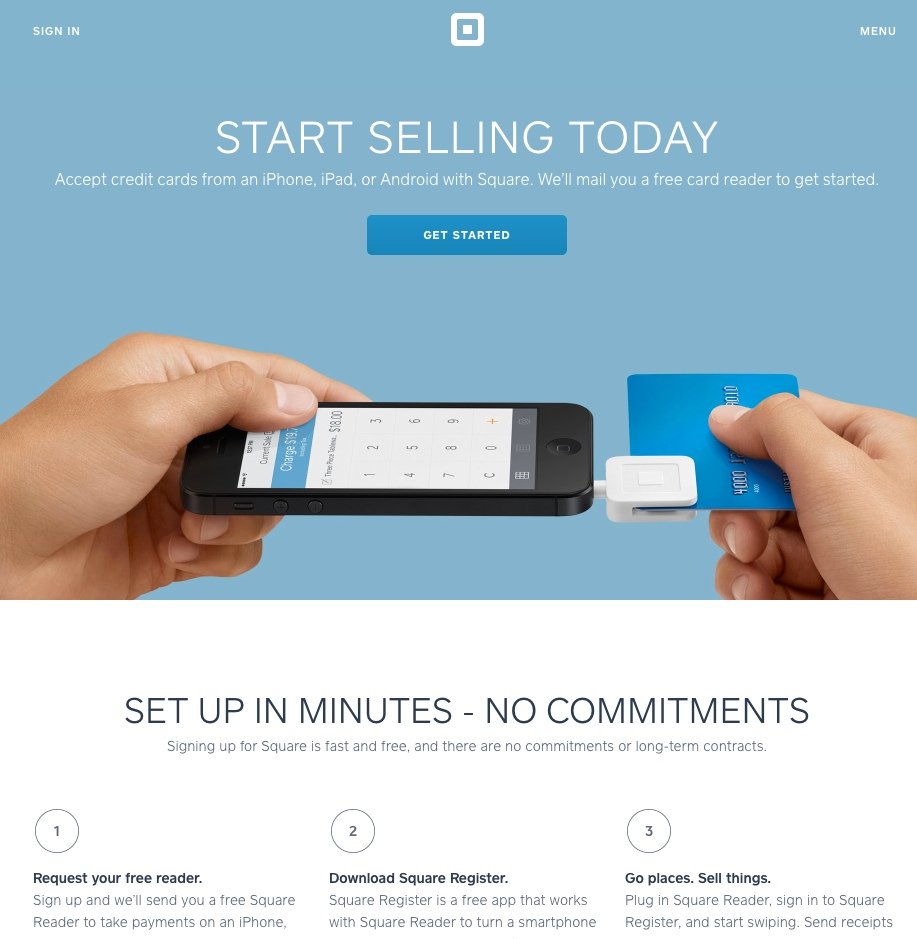 captura de pantalla de la landing page de Square