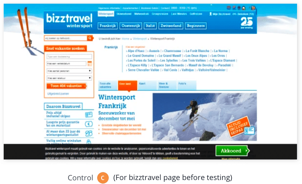 Versión de control del experimento de optimización en el sitio web de Bizztravel