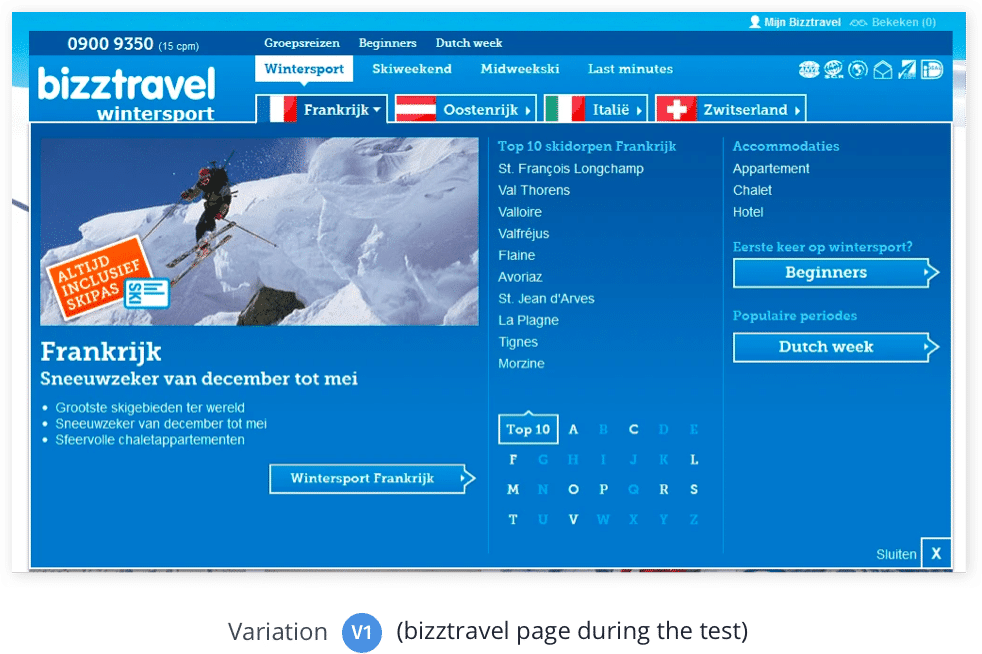 Versión de variación del experimento de optimización en el sitio web de Bizztravel