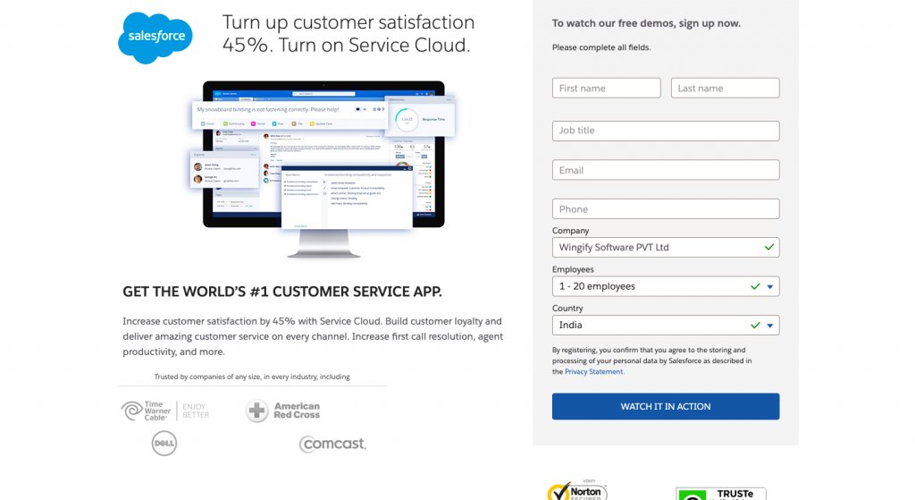 captura de pantalla de la landing page de solicitud de demo de Salesforce