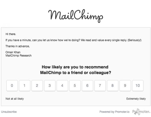 screenshot of the net promoter score email sent by MailChimp to customers