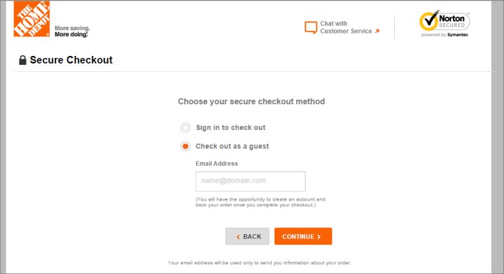 guest checkout option on The Home Depot's website