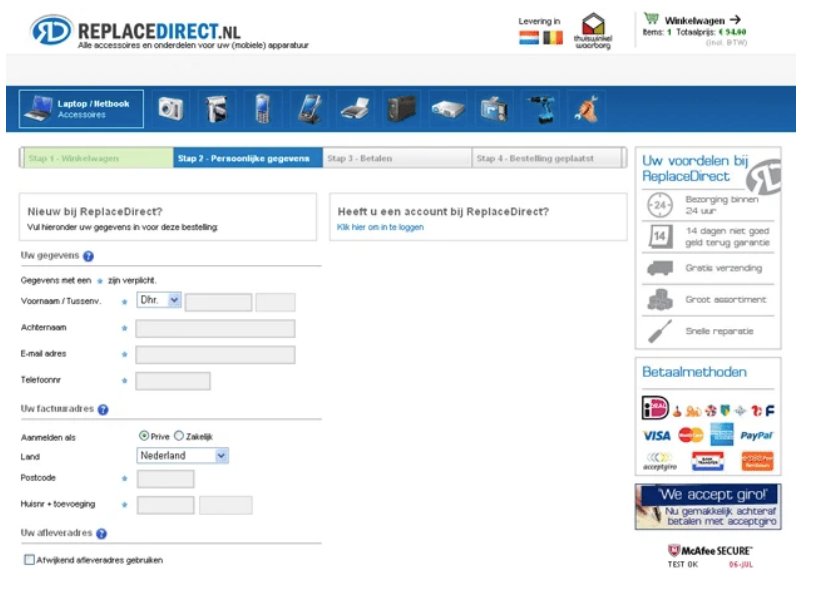 control version of the A/B test on ReplaceDirect's website