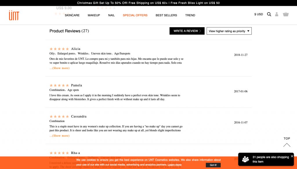 social proof on UNT cosmetics website