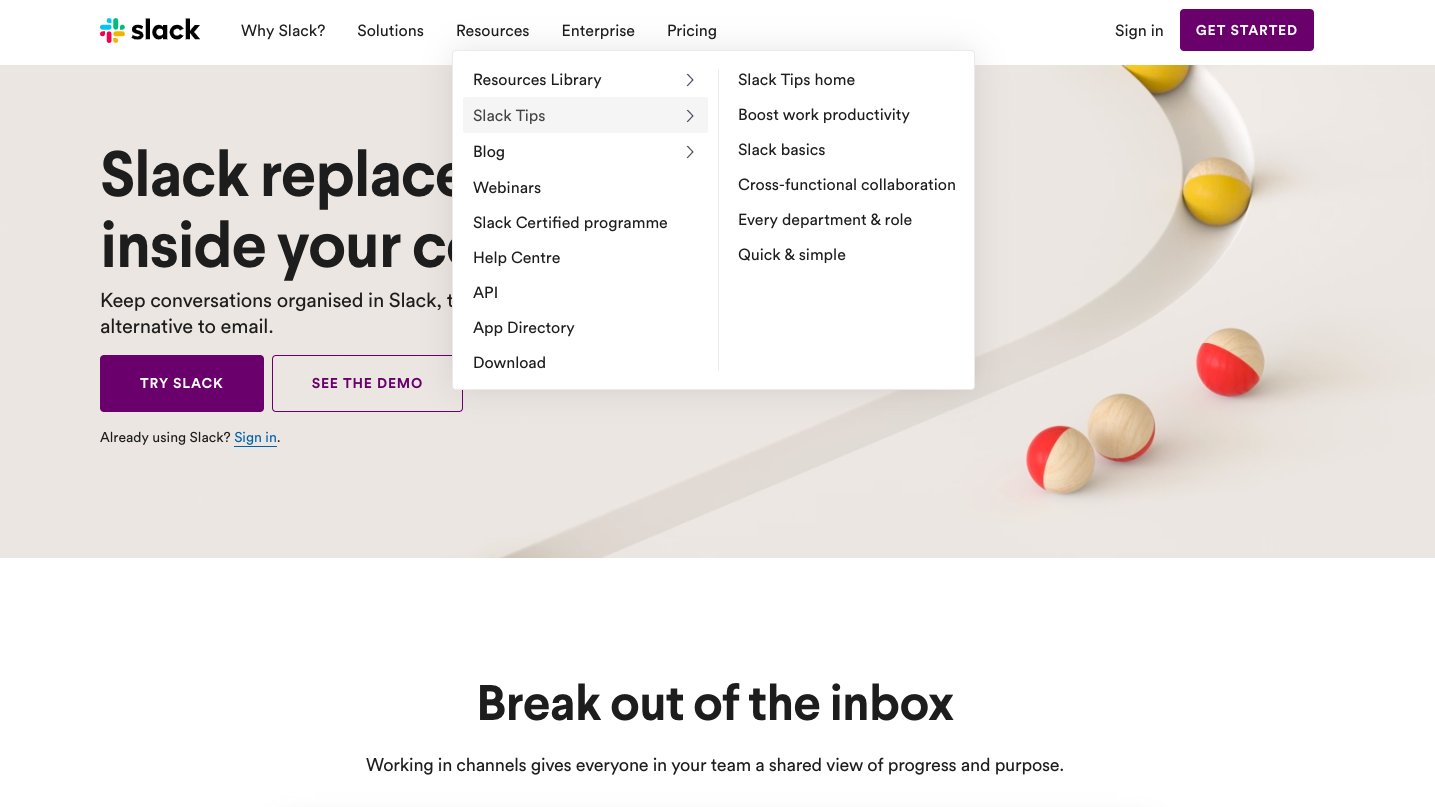 screenshot of the website header menu of Slack