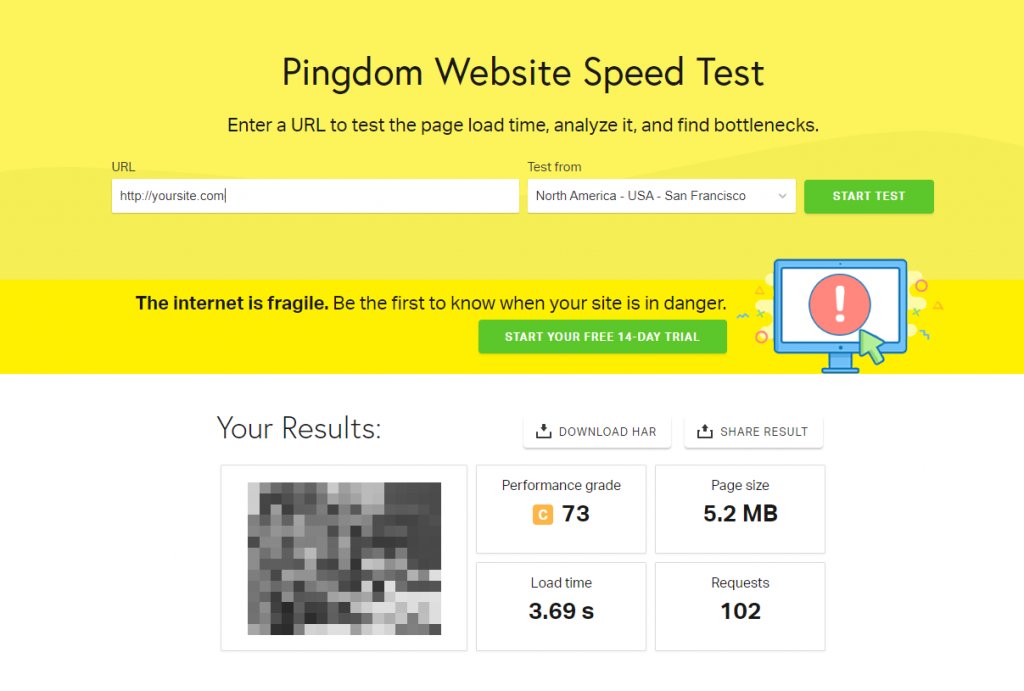 screenshot of the main page of the Pingdom Website Speed Test