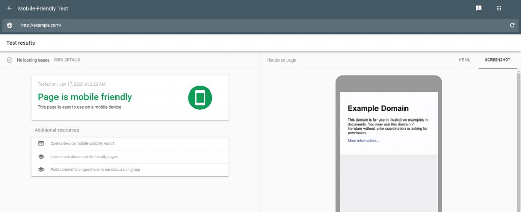 screenshot from Google's Mobile Friendly Test of a Domain