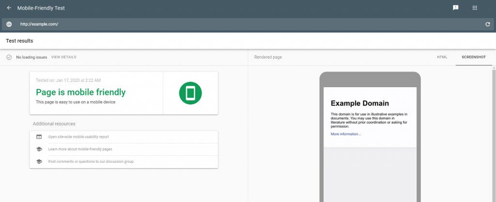 captura del test de google Google Mobile Friendly en una página