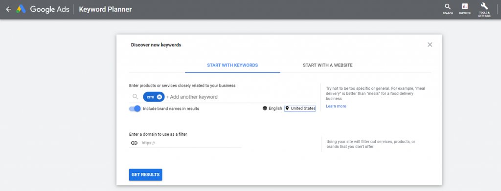 screenshot of the Google Ads keyword planner