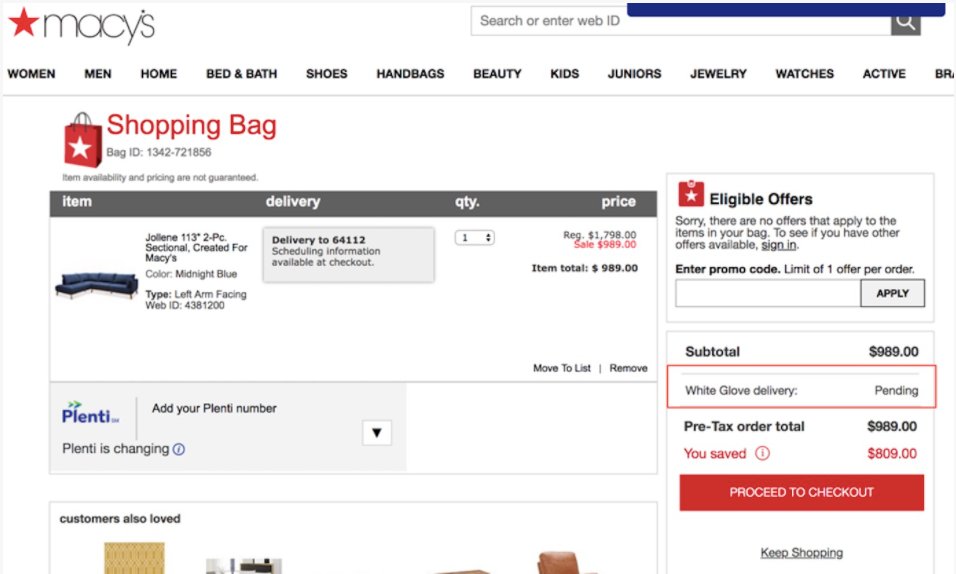 visitor's cart behavior on Macy's ecommerce site