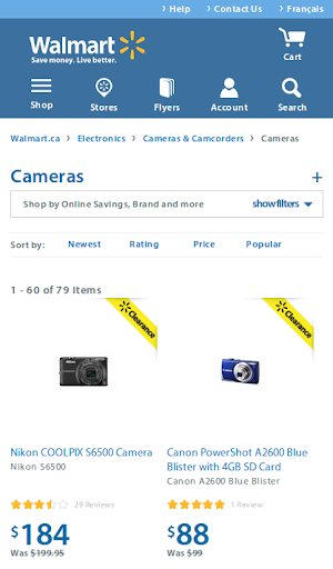 The revamped mobile website of Walmart Canada