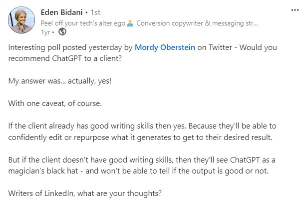 See how expert Eden Bidani uses ChatGPT for writing copy 