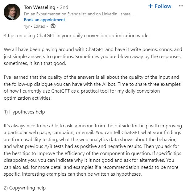 See how CRO expert Ton Wesseling uses ChatGPT in his daily work