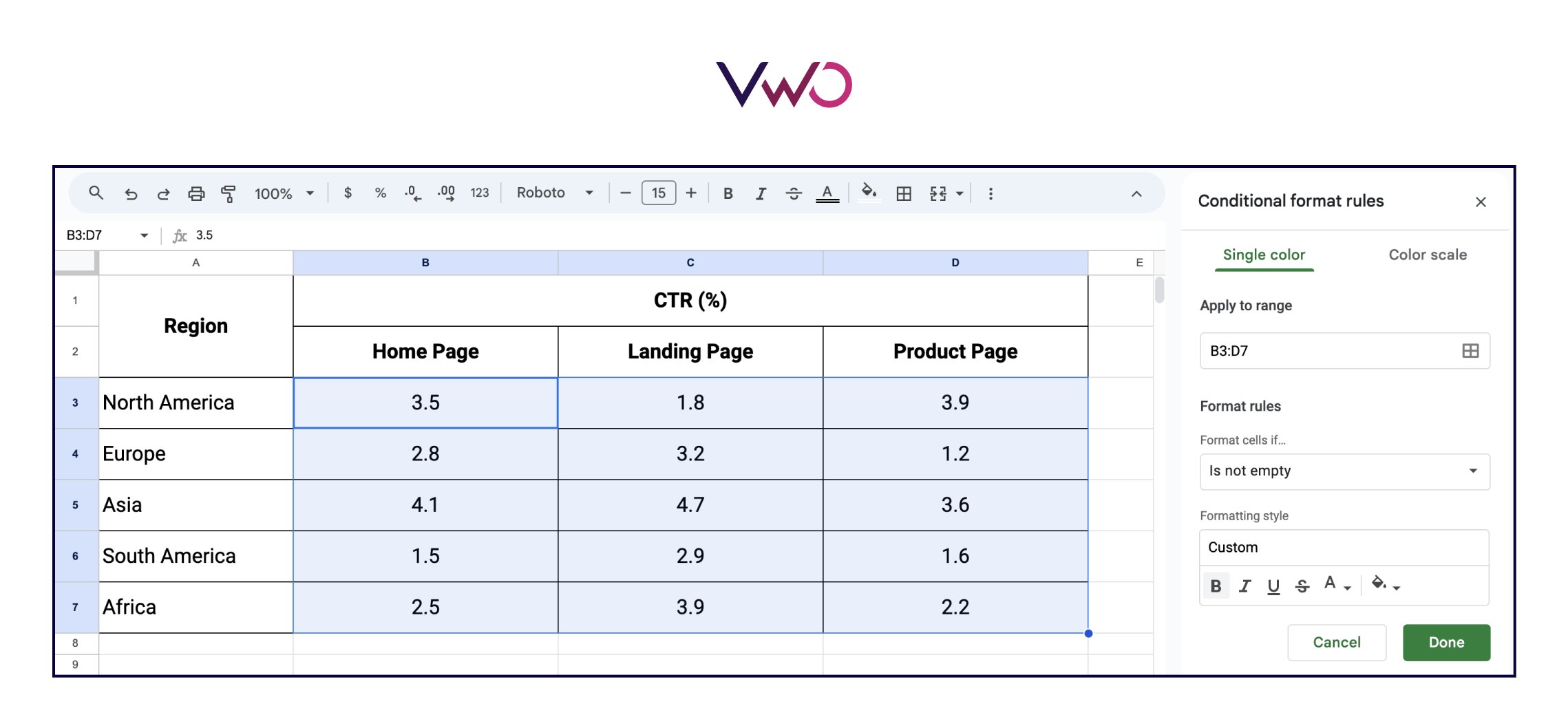 Step 2 - Click on ‘Format > Conditional formatting’