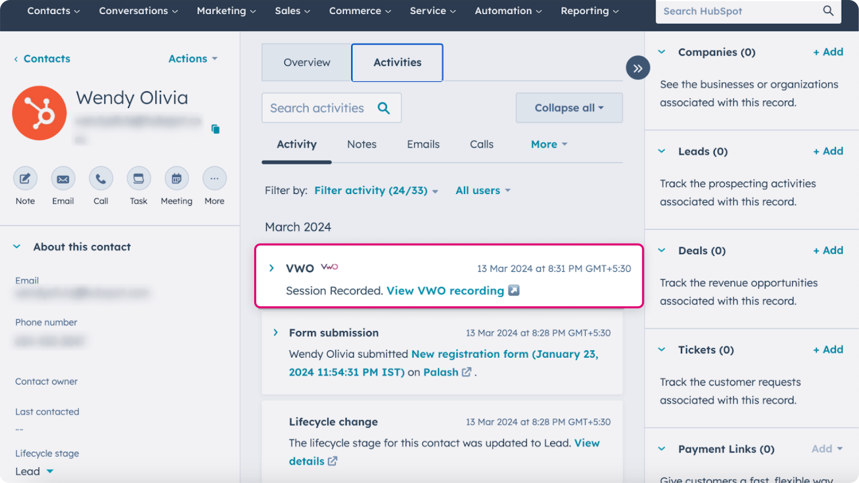 Contact's session recording in activity timeline