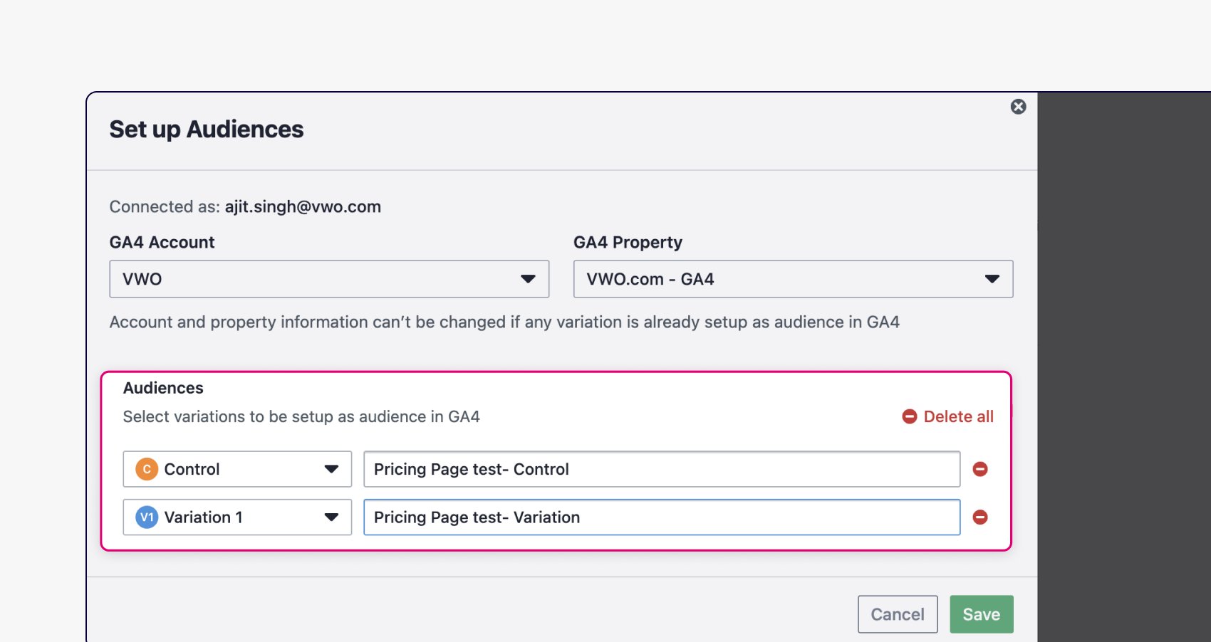 Create GA4 audiences from within VWO campaign