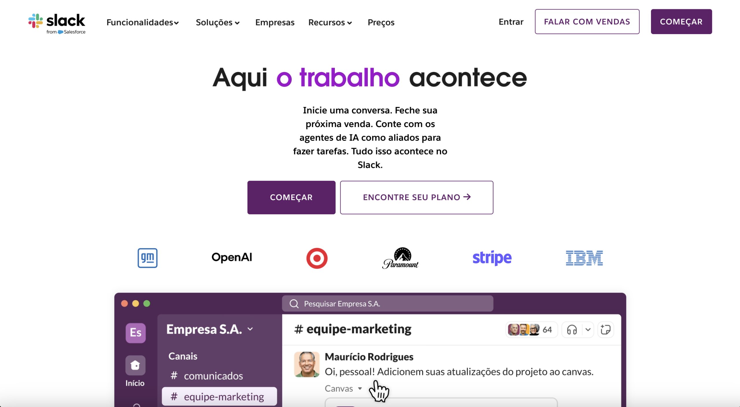 Captura da homepage do Slack