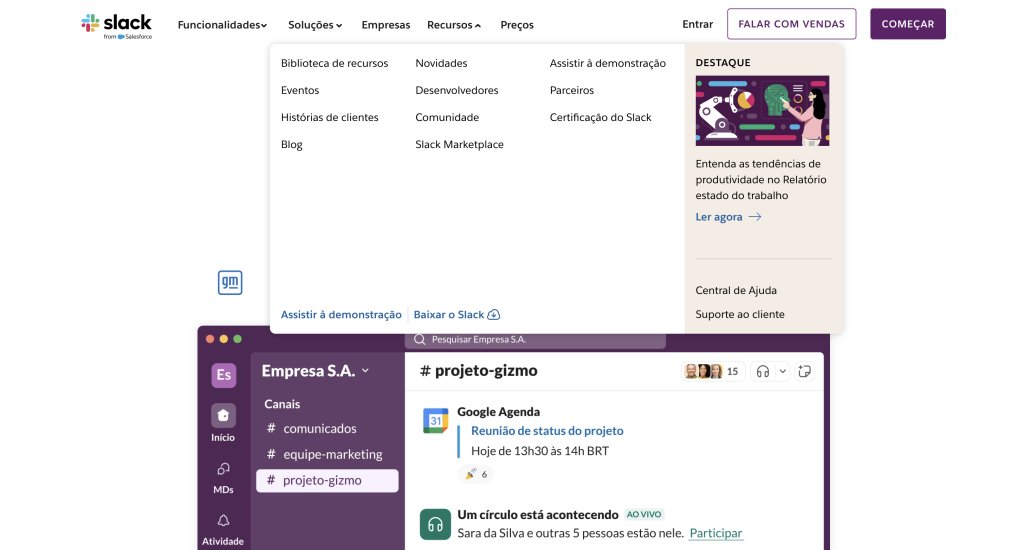 captura de tela do cabeçalho do menu do site do Slack