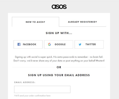 ASOS - social platforms for account creation
