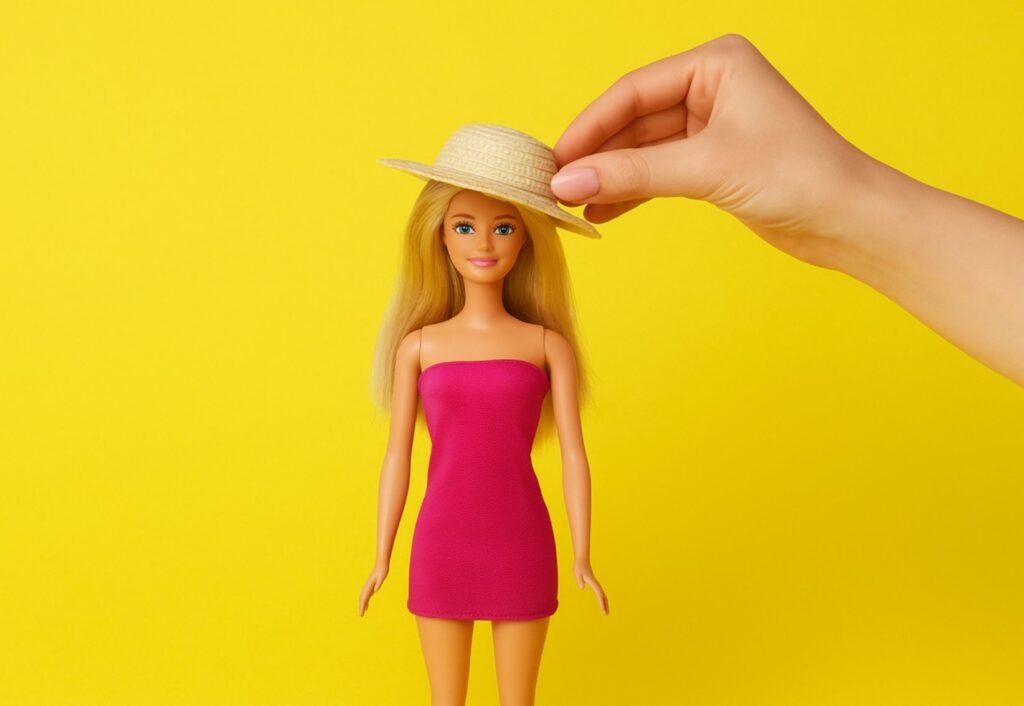 barbie in pink dress and hat with yellow background