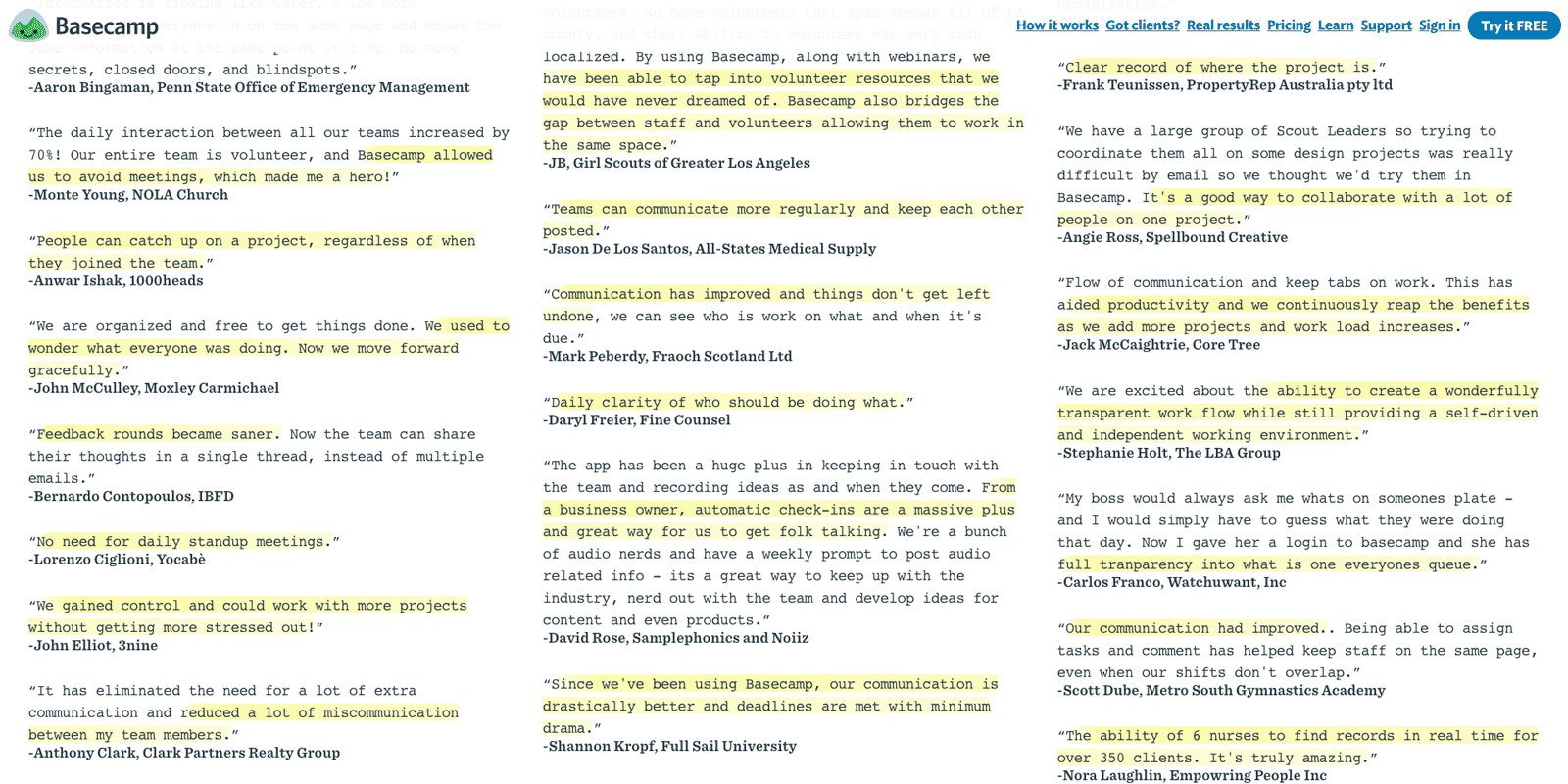 Social proof example from Basecamp