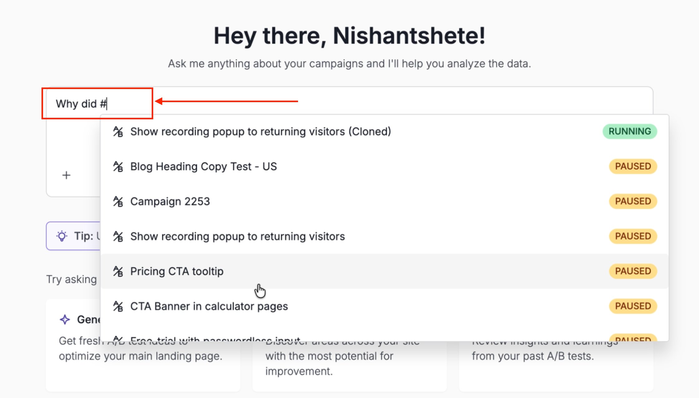 Ask about VWO campaigns to VWO AI
