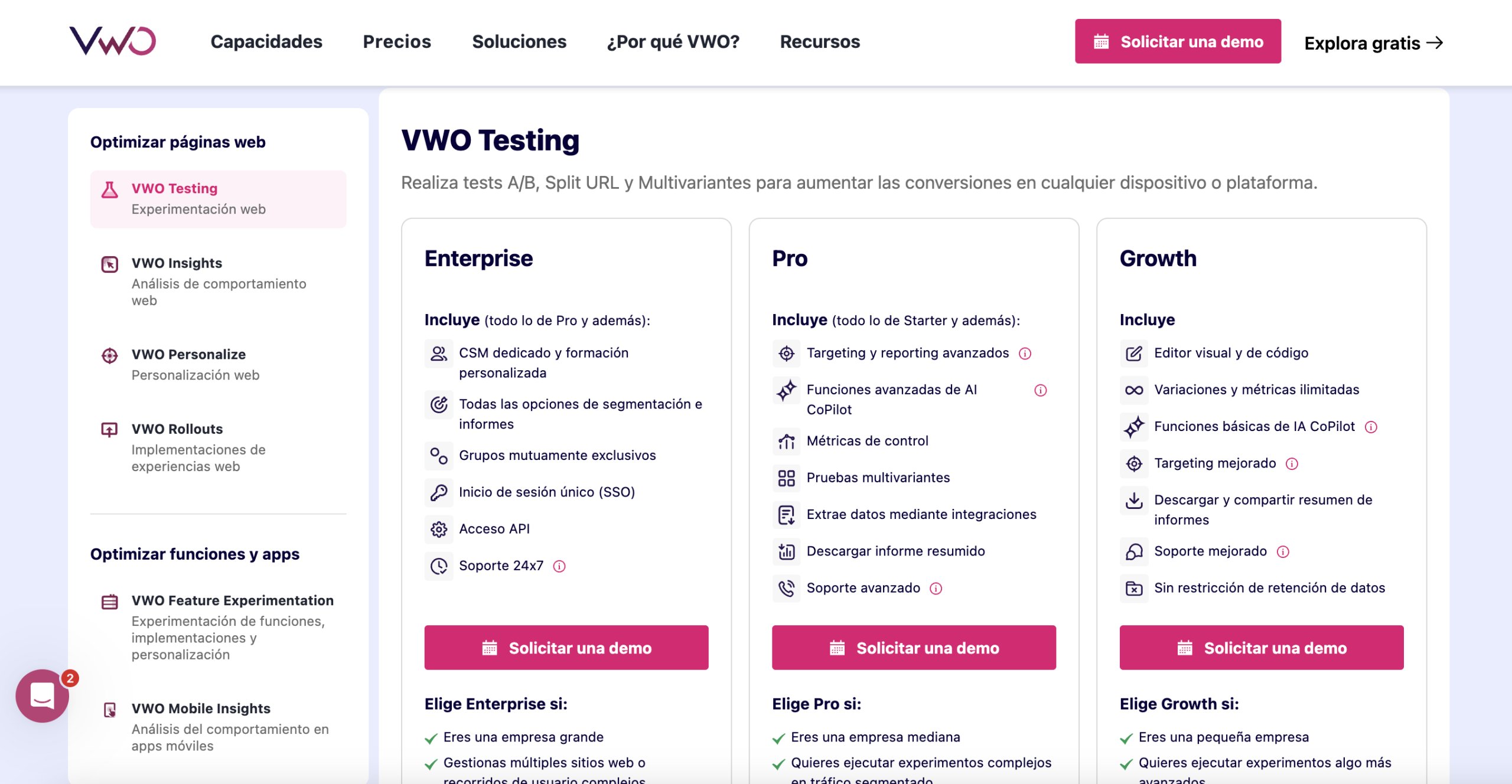 Página de precios de VWO