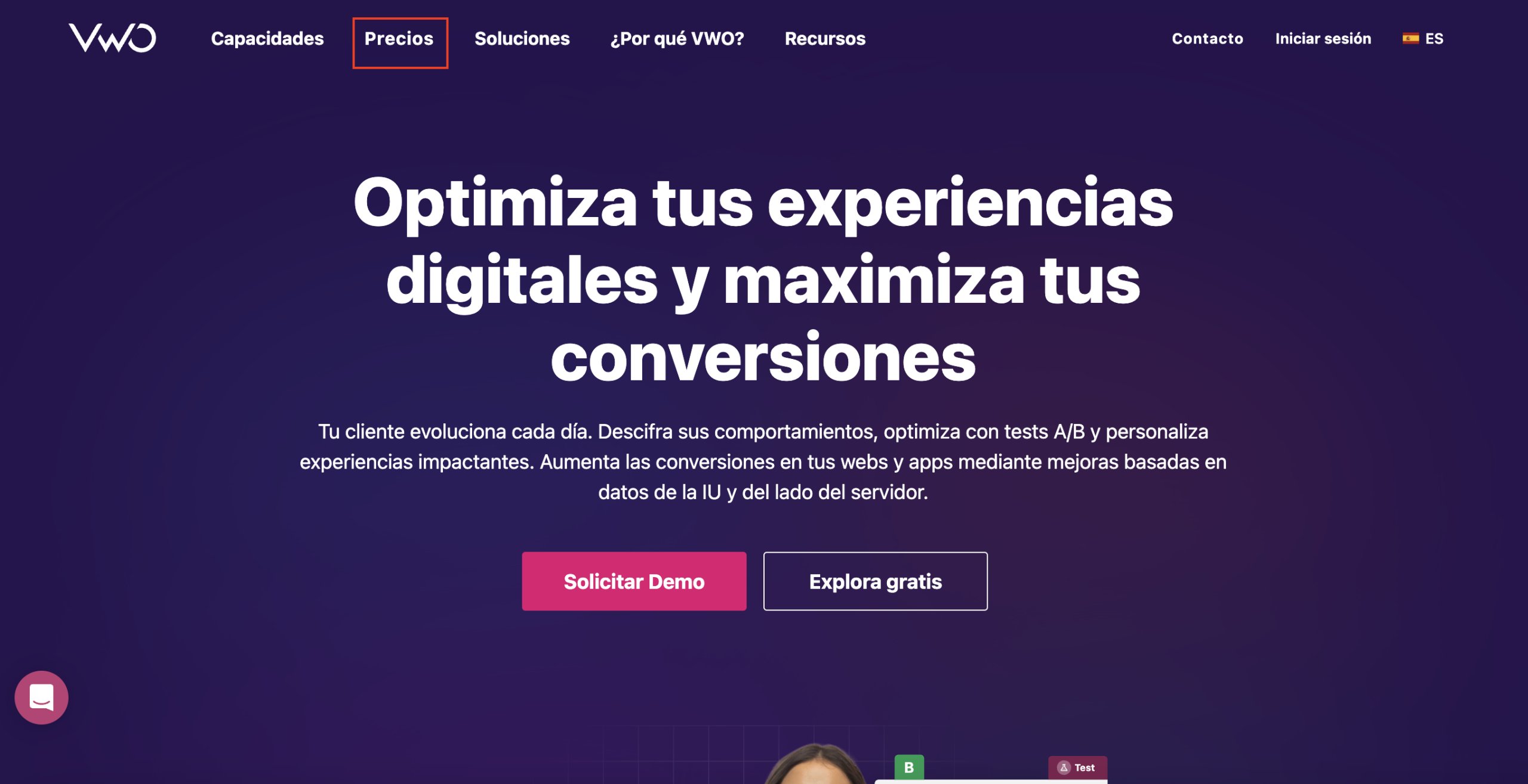 Página de inicio de VWO