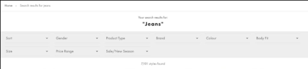 ASOS website horizontal filters
