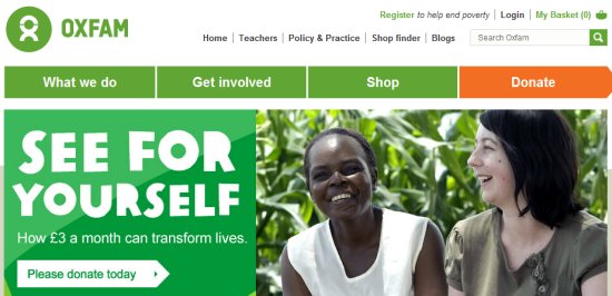 home page for Oxfam's website