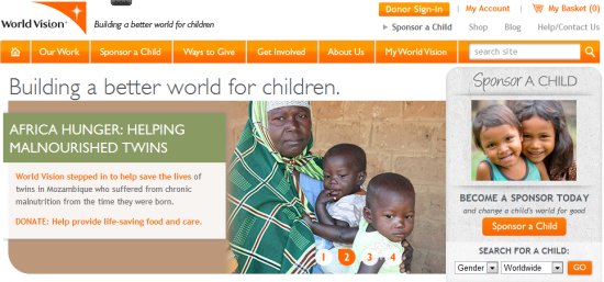 home page for World Vision's website