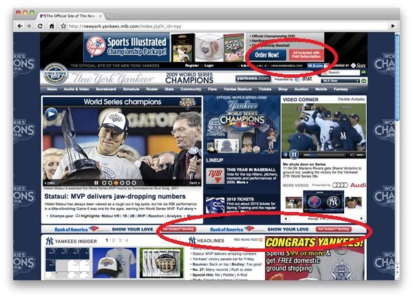 Yankees website, cluttered page.