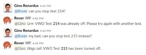 Rover Slack bot sharing the update for the A/B test 