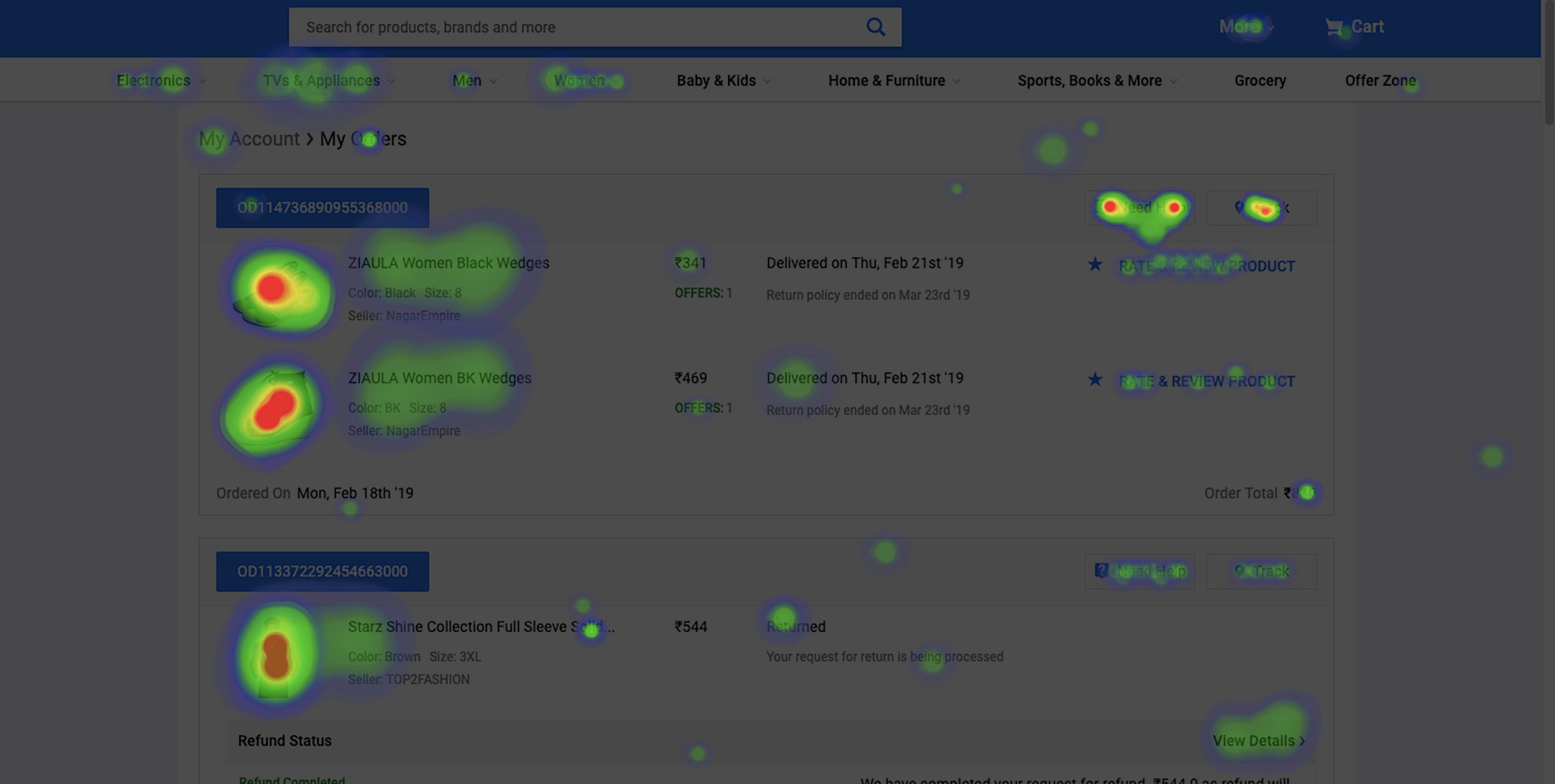 screenshot of the heatmap on the order checkout page highlighting which elements get the maximum traction