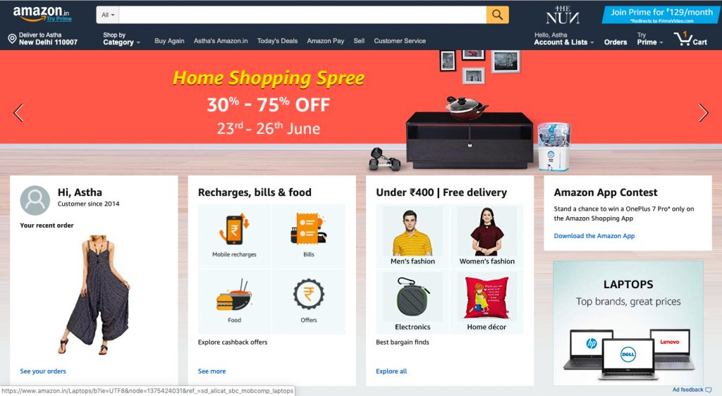 homepage for Amazon