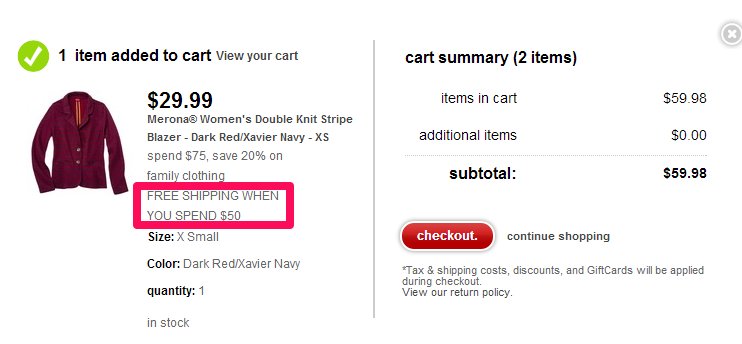 value proposition of free shipping under cart checkout