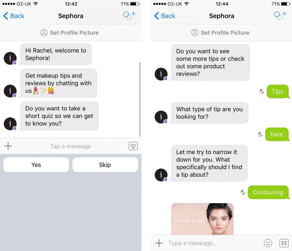 example of chat bot on Sephora's website
