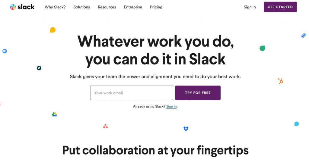 Screenshot of the homepage of Slack.com