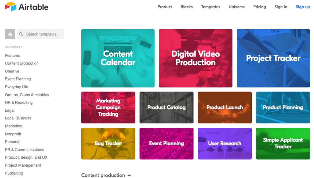 Screenshot of the templates library of Airtable.com
