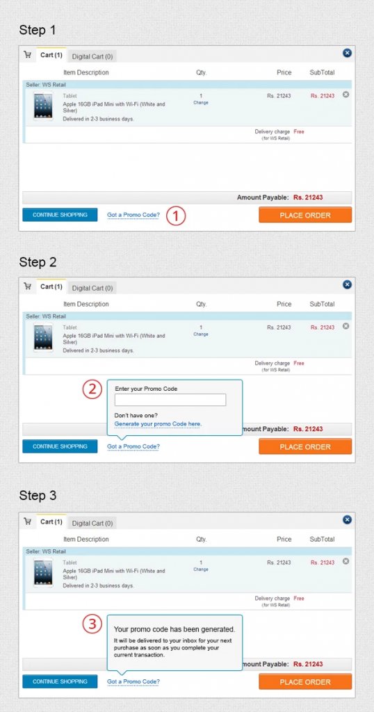 example of generating & applying shopping promo codes during cart checkout
