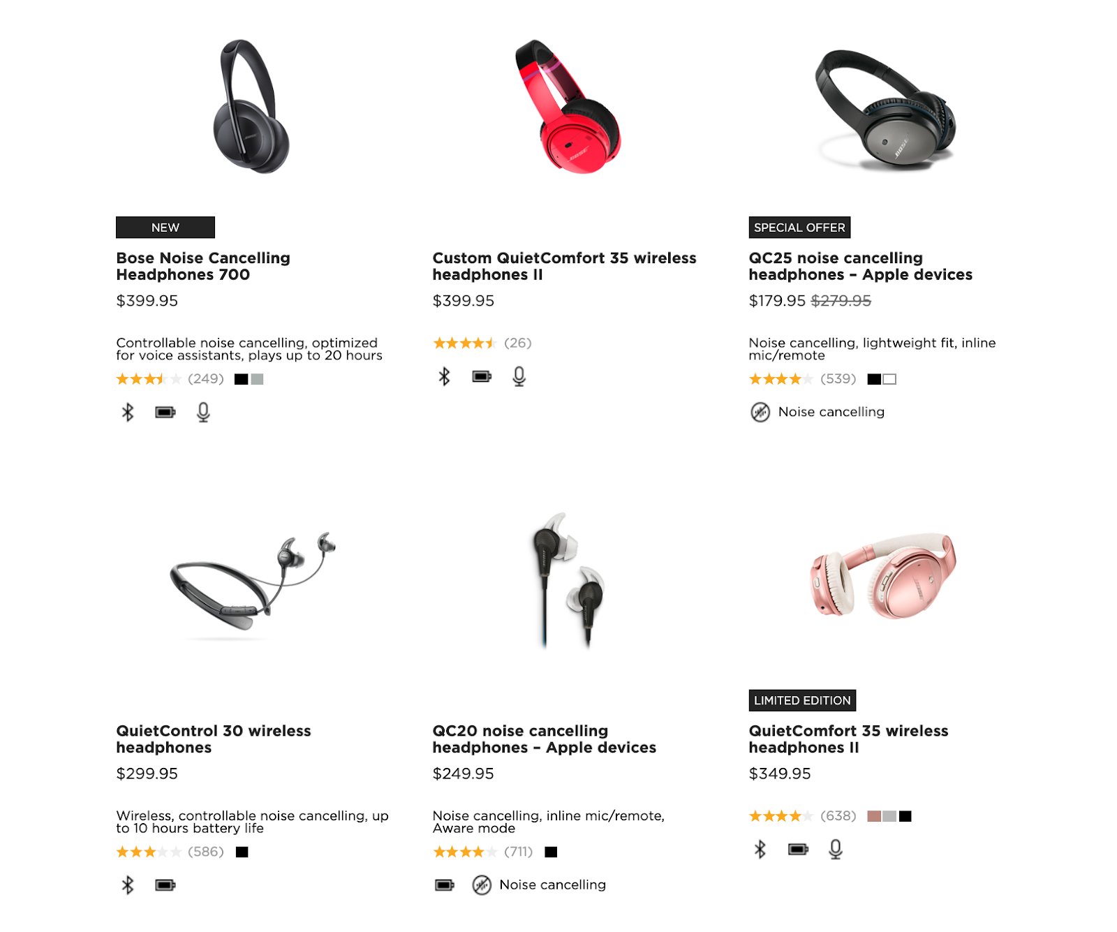 feature & detail comparison on product page of bose.com